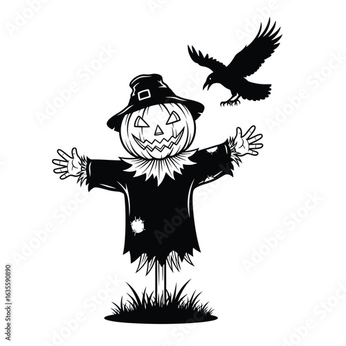 Eerie Halloween scarecrow with a jack-o'-lantern head and a flying crow, a spooky monochrome vintage illustration.