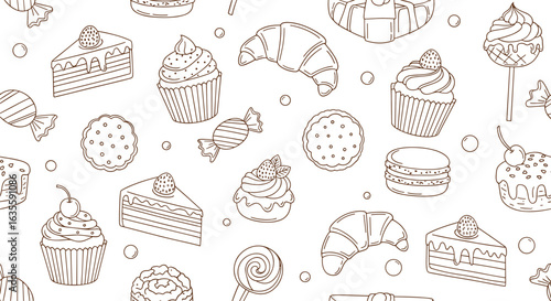 Seamless pattern of delicious baked goods and sweet pastries vector illustration for food related designs