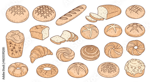A delicious assortment of freshly baked bread and pastries on a white background