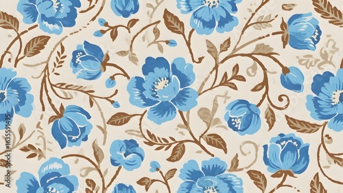 Blue floral vine pattern textile design