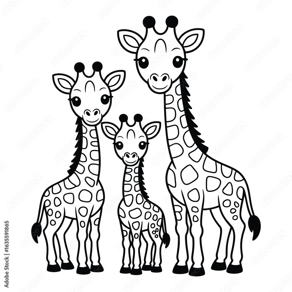 Fototapeta premium Giraffe family Coloring Page, Vector, Illustration, Icon, Outline, Line Art, Silhouette, Logo, White Background.
