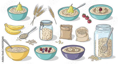 Healthy breakfast bowl assortment with oats fruits and grains for a nutritious morning meal