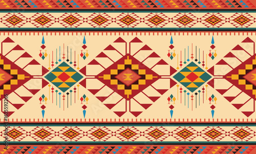 A bold modern tribal geometric pattern with symmetrical shapes and vibrant color contrasts. Perfect for textiles, fashion, and boho-inspired design.