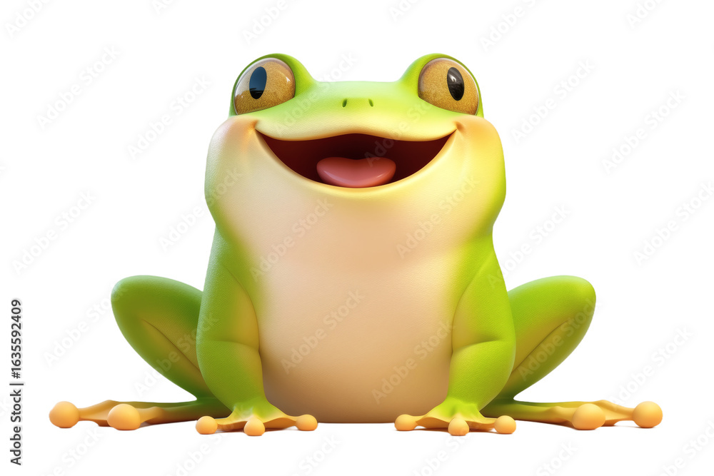 Fototapeta premium A green tree frog with a cheerful and smiling expression sits on a flat surface, showcasing a cute and friendly appearance.