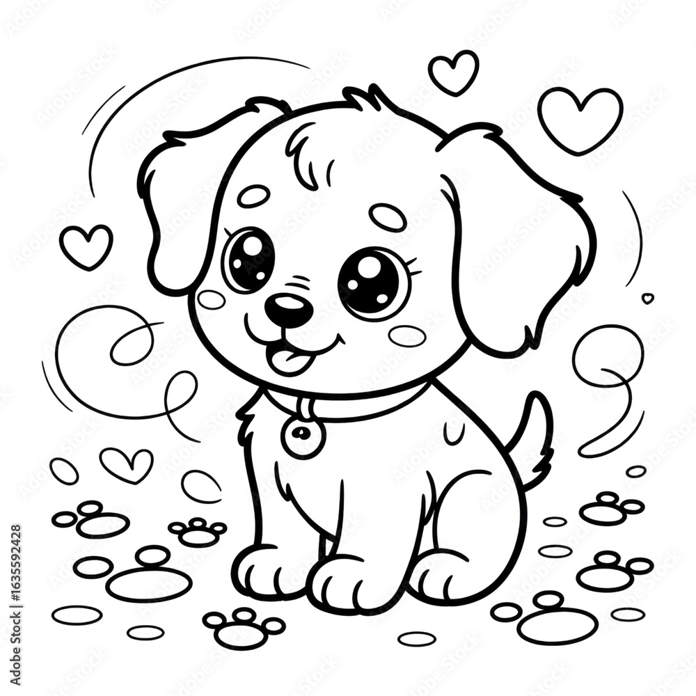 Fototapeta premium Adorable Cartoon Puppy with Hearts and Paw Prints - Line Art Illustration