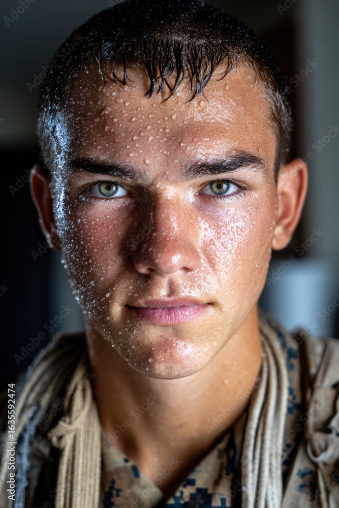 Obraz premium Close-up portrait of a cadet with a sweat-drenched face