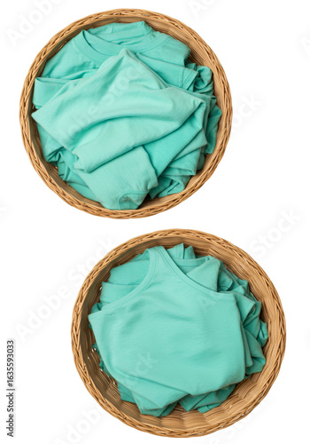 Two Baskets Full Of Folded Green Tshirts Top View Isolated on Transparent Background