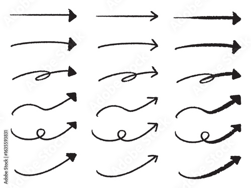 手書きの黒の矢印のセット(線・ベクター・背景白)