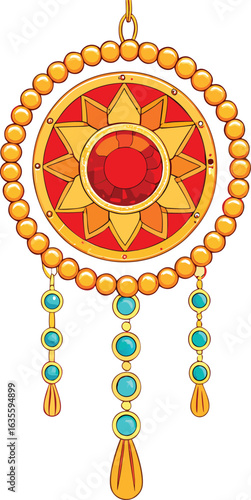 Vintage Jewelry Pendant with Gold Beads and Turquoise Stones