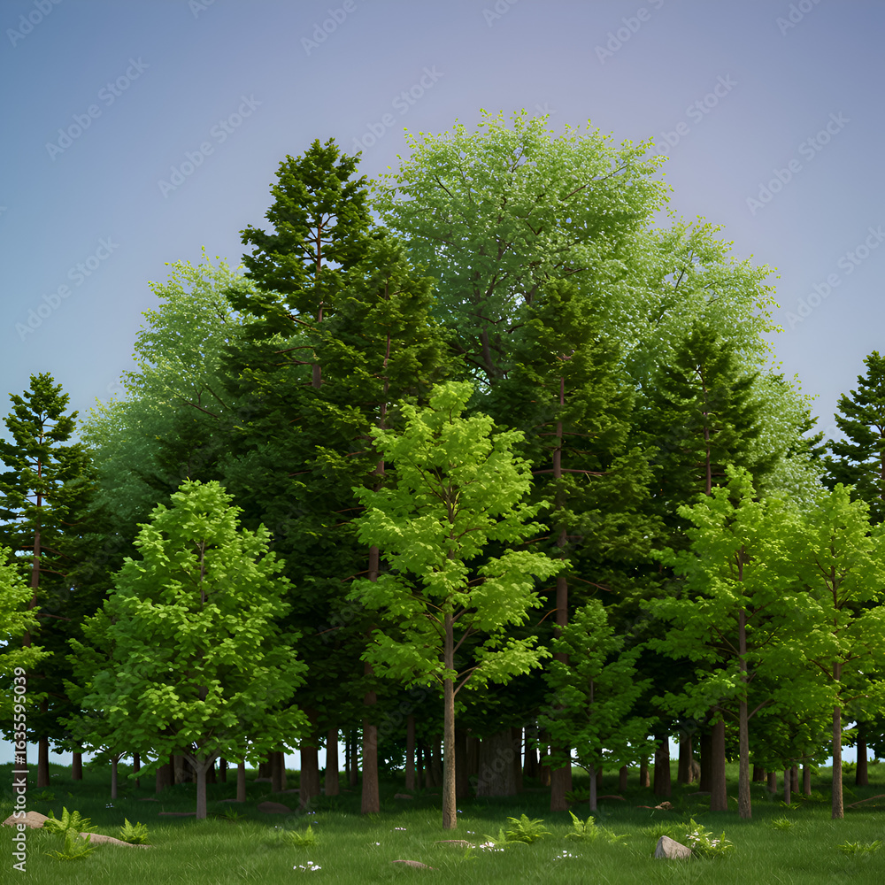 Obraz premium Realistic Photo of a Lush Green Forest with Tall Trees under Clear Blue Sky
