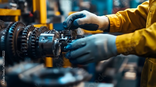 Close up of a worker’s hands assembling industrial parts on a factory.	