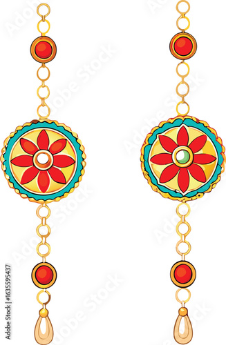 Long Gold Earrings with Red and Blue Accents