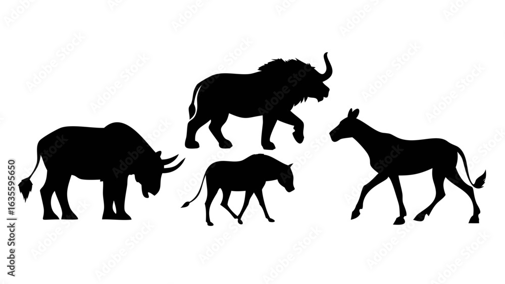 Fototapeta premium Silhouette depiction of a rhino, lion, wildebeest, and horse standing on a plain white background