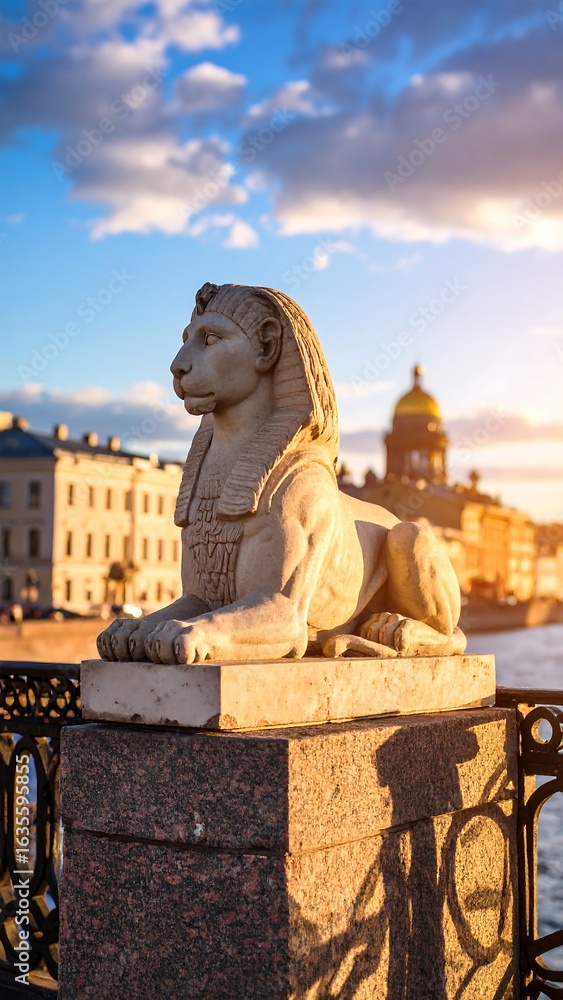 Obraz premium Ancient sphinx statue on bridge overlooking city