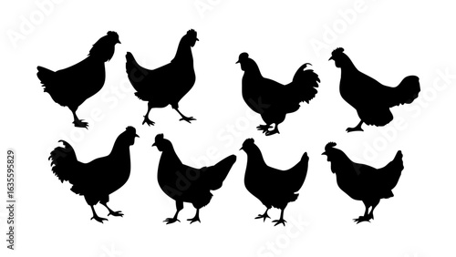 Silhouette illustration showcasing a collection of eight chickens in various poses and orientations