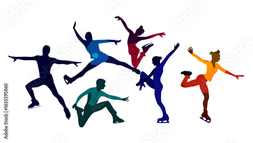 Silhouetted figure skaters in various poses performing on ice in a colorful composition design style