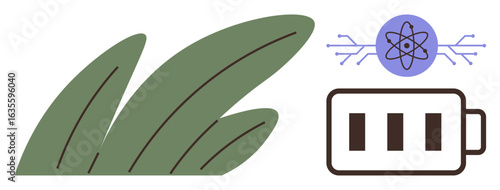 Leaf shapes, atomic structure with circuits, and a battery illustrating green energy, sustainability, and innovation. Ideal for renewable energy, environment, technology, ecology future