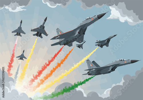 Indian Air Force fighter jets performing an aerobatic maneuver with tricolor smoke trails.