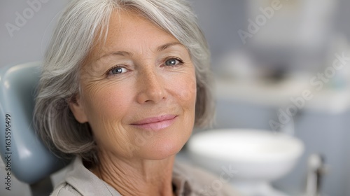 A senior woman with gray hair sitting on a dental chair, Closeup portrait
