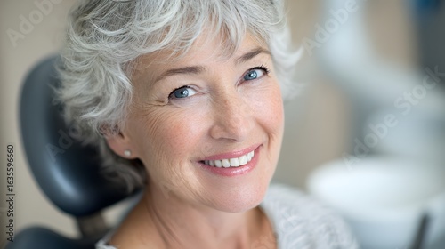 A senior woman with gray hair sitting on a dental chair, Closeup portrait