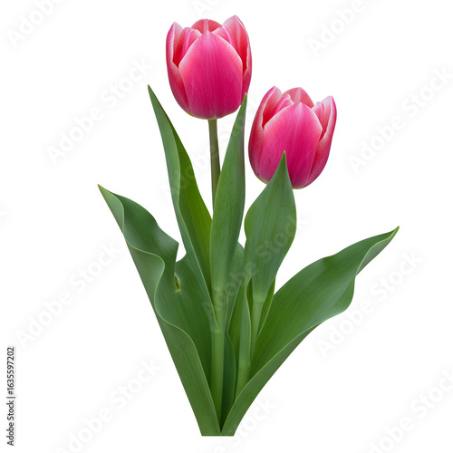 Two Pink Tulips with Green Leaves Isolated on Transparent Background Photo