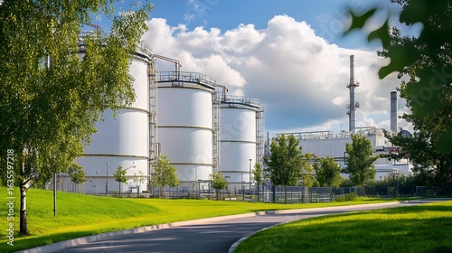 A Modern white oil storage tanks in the background of an industrial plant