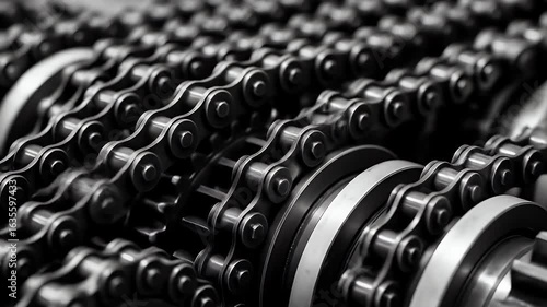 Closeup of industrial roller chains and gears monochrome