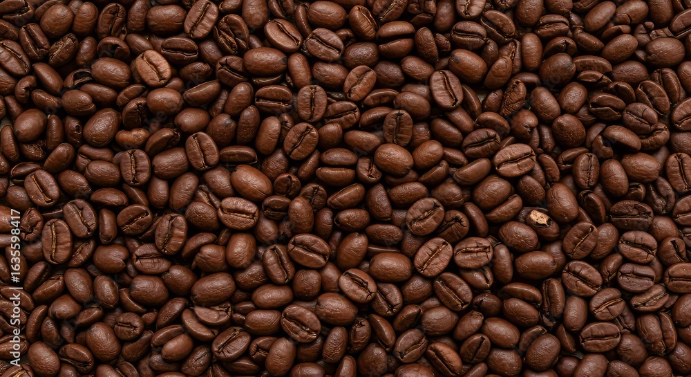 Fototapeta premium An overhead texture of roasted coffee beans.