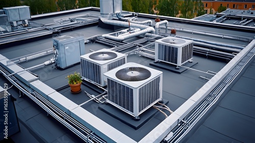  The roof of an industrial building with an air conditioning system