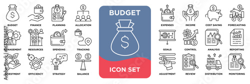 budget icon collection set. Containing budget, finance, planning, allocation, expenses, income, cost saving, forecast, management icon. Simple line vector.