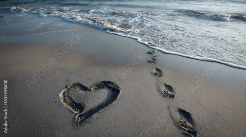 footprints in the sand leading toward the ocean with a heart drawn