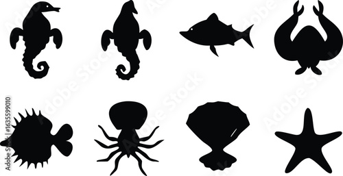 Vector art of collection of black marine animal silhouettes including seahorses, fish, shark, octopus, starfish, and shell, isolated on white background