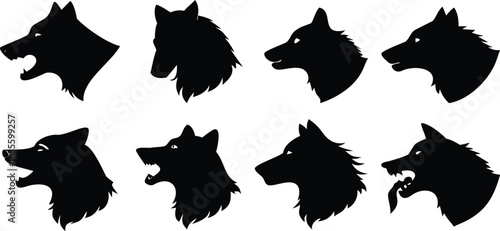 Vector art of collection of wolf head silhouettes in profile, isolated on white background