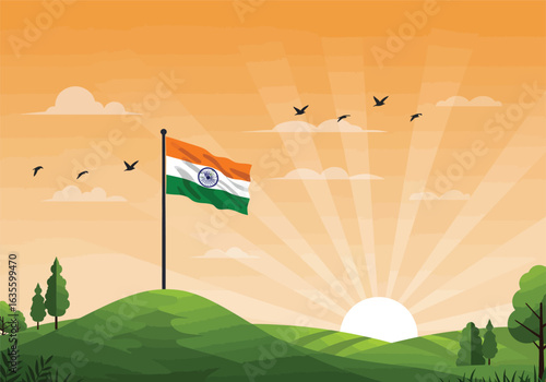 Waving Indian tricolor flag with the Ashoka Chakra fluttering on a tall flagpole A flat vector illustration of the Tiranga.