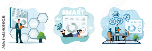 Business presentation, entrepreneurs analyze data, business meeting and teamwork collaboration.