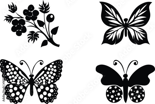 Vector art of collection of four black butterfly silhouettes and a branch with berries, isolated on white background