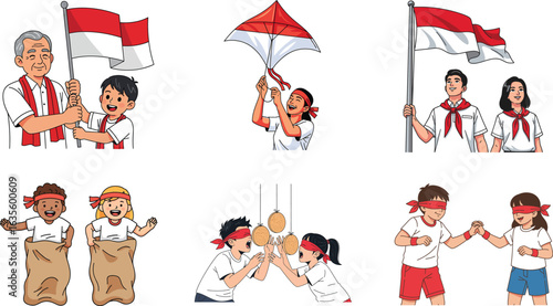 Kids playing tug of war game for Indonesian independence day celebration cartoon.