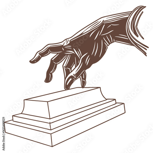 Touch of Creation: Artistic rendering of a hand delicately poised to interact with an elevated base. A symbolic representation of creation, design, and interaction. 