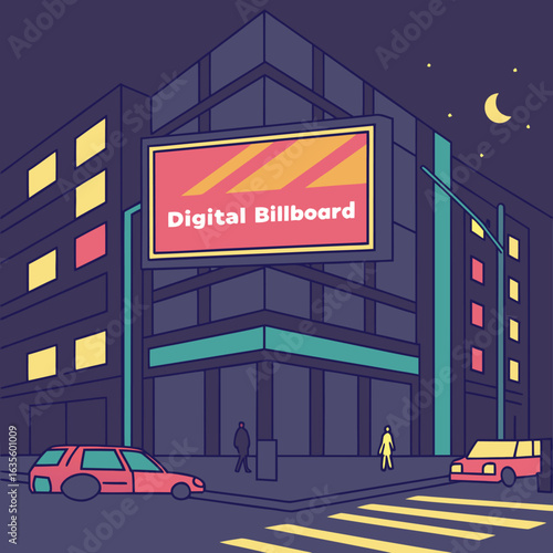 Digital Billboard Night Scene: An urban landscape unfolds under the moonlit sky, showcasing a digital billboard at night, with architectural elegance of a modern building and street scene at twilight.
