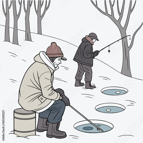 Winter Fishing: A pair of ice fishermen diligently try to catch fish on a serene snowy day, capturing the essence of winter leisure and outdoor pursuits.
