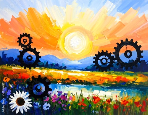Wallpaper Mural Vibrant sunrise over idyllic landscape with superimposed gears Torontodigital.ca