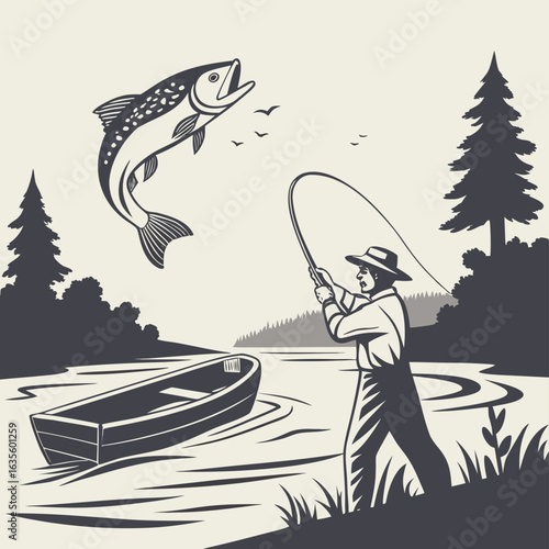 Fly Fishing Dreamscape: A classic illustration of a fisherman casting his line with a fish leaping out of water in a serene, natural setting, evoking the tranquility of angling.