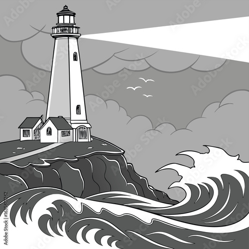Guiding Light: A majestic lighthouse, perched atop a rugged cliff, sends its powerful beam across the turbulent sea, a beacon of hope amidst the tempest.