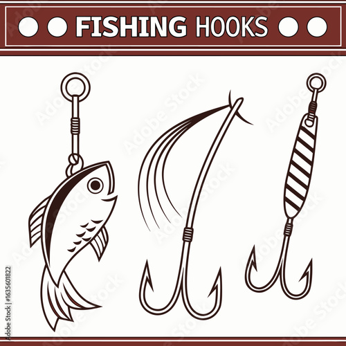 Fishing Hooks: A minimalist illustration showcases a collection of fishing hooks, each designed for different methods of angling.