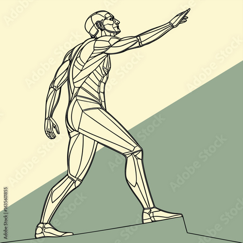 Ascension Towards Discovery: An artistic line illustration depicts a determined figure ascending a staircase, reaching towards a beacon of inspiration and innovation.