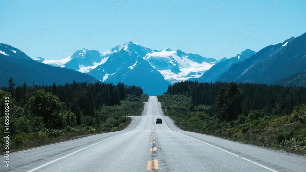 Fototapeta premium A road stretches into the distance, with a vehicle driving on it. The background features majestic snow - capped mountains and lush forests, showcasing the magnificent nature and travel mood.