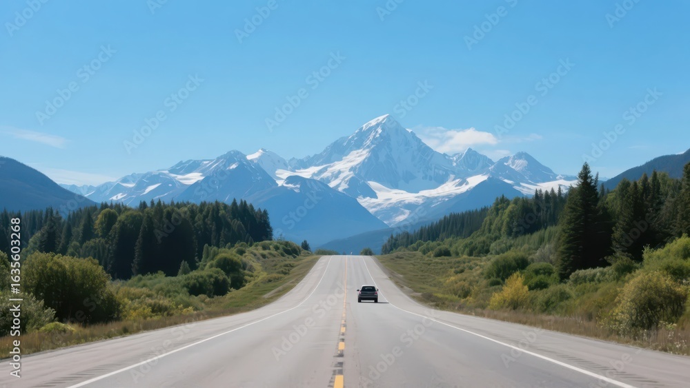 Naklejka premium A road stretches into the distance, with a vehicle driving on it. The background features majestic snow - capped mountains and lush forests, showcasing the magnificent nature and travel mood.