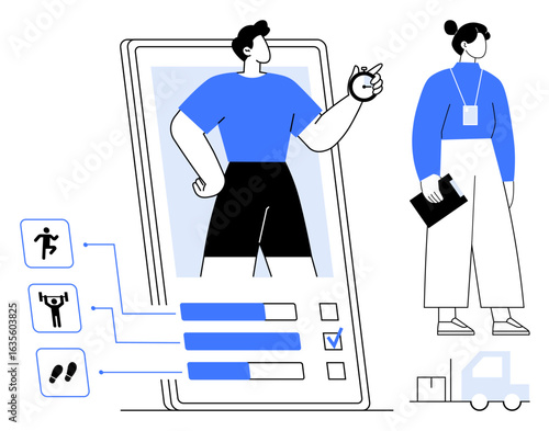 Wallpaper Mural Smartphone with fitness app interface and activity icons. Male virtual trainer displayed. Woman holding clipboard symbolizes analysis. Ideal for health, fitness, technology, progress, lifestyle Torontodigital.ca