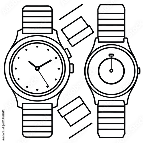 Line Art Illustration of Two Smartwatches with Bands