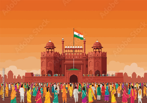Patriotic celebration at the Red Fort with a vibrant crowd and the Indian flag flying.